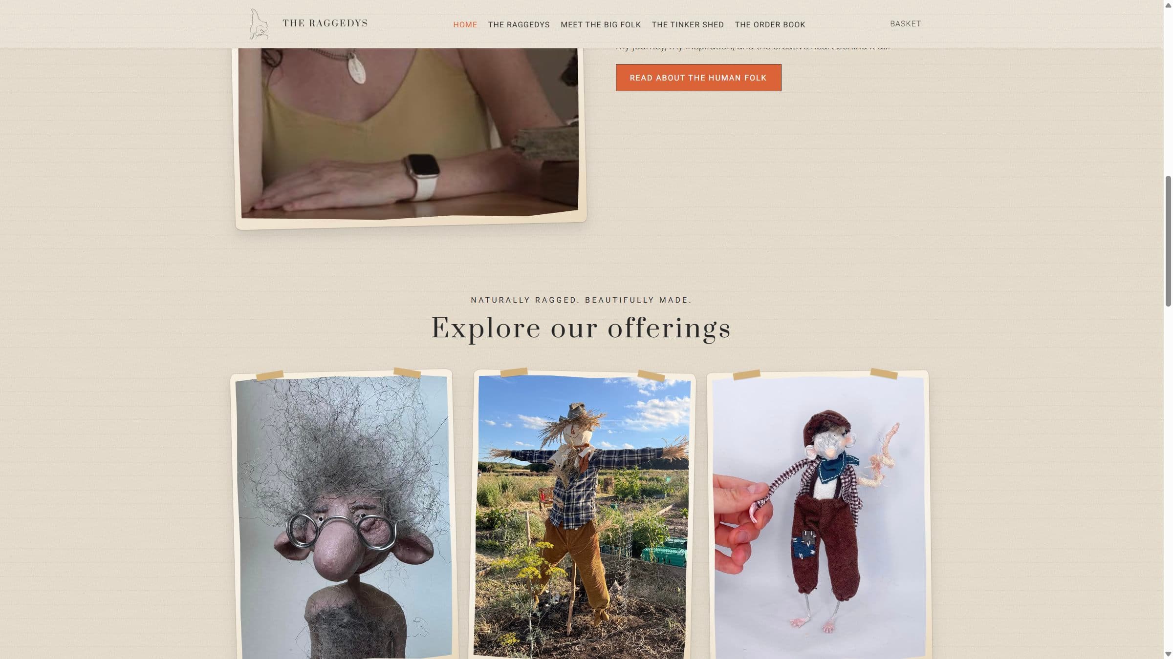 The Raggedys homepage collections, shown as taped photographs of Small Folks, Straw Folks and Scurry Folks